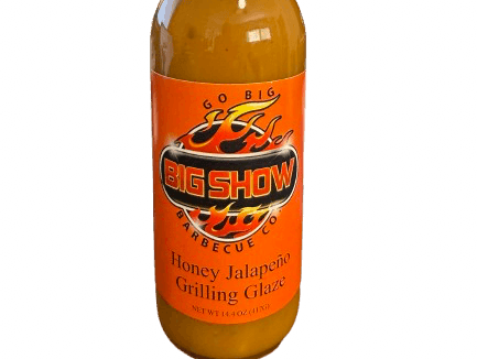 Bottle of Big Show Honey Jalapeño Grilling Glaze with orange label.